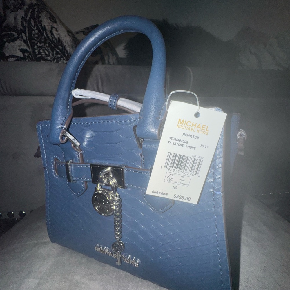 Michael Kors Hamilton XS Navy Snake Satchel Crossbody Bag Women's Purse - Picture 3 of 3